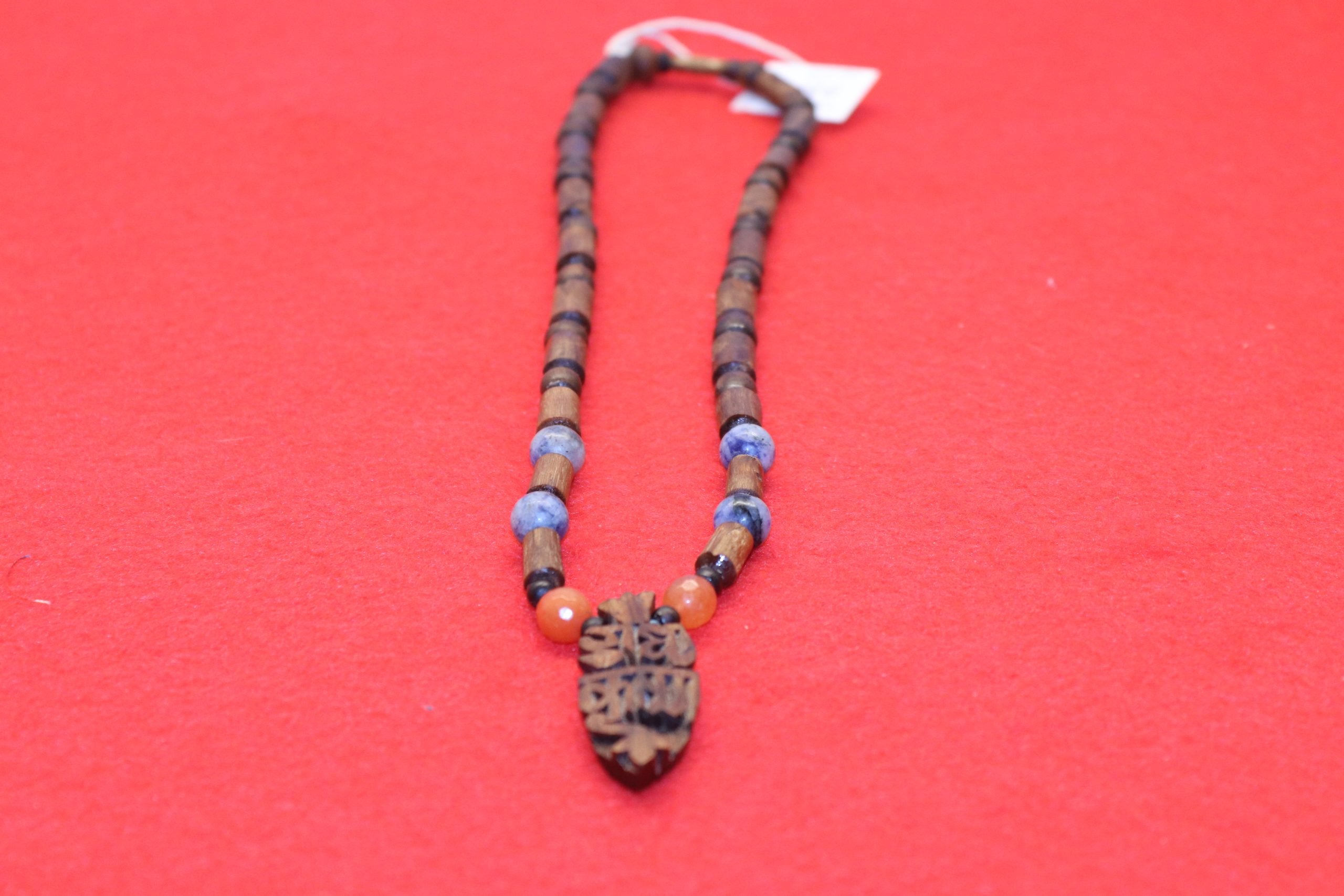 Radha & Krishna Sanskrit Tulsi Pendant with grey & orange beads