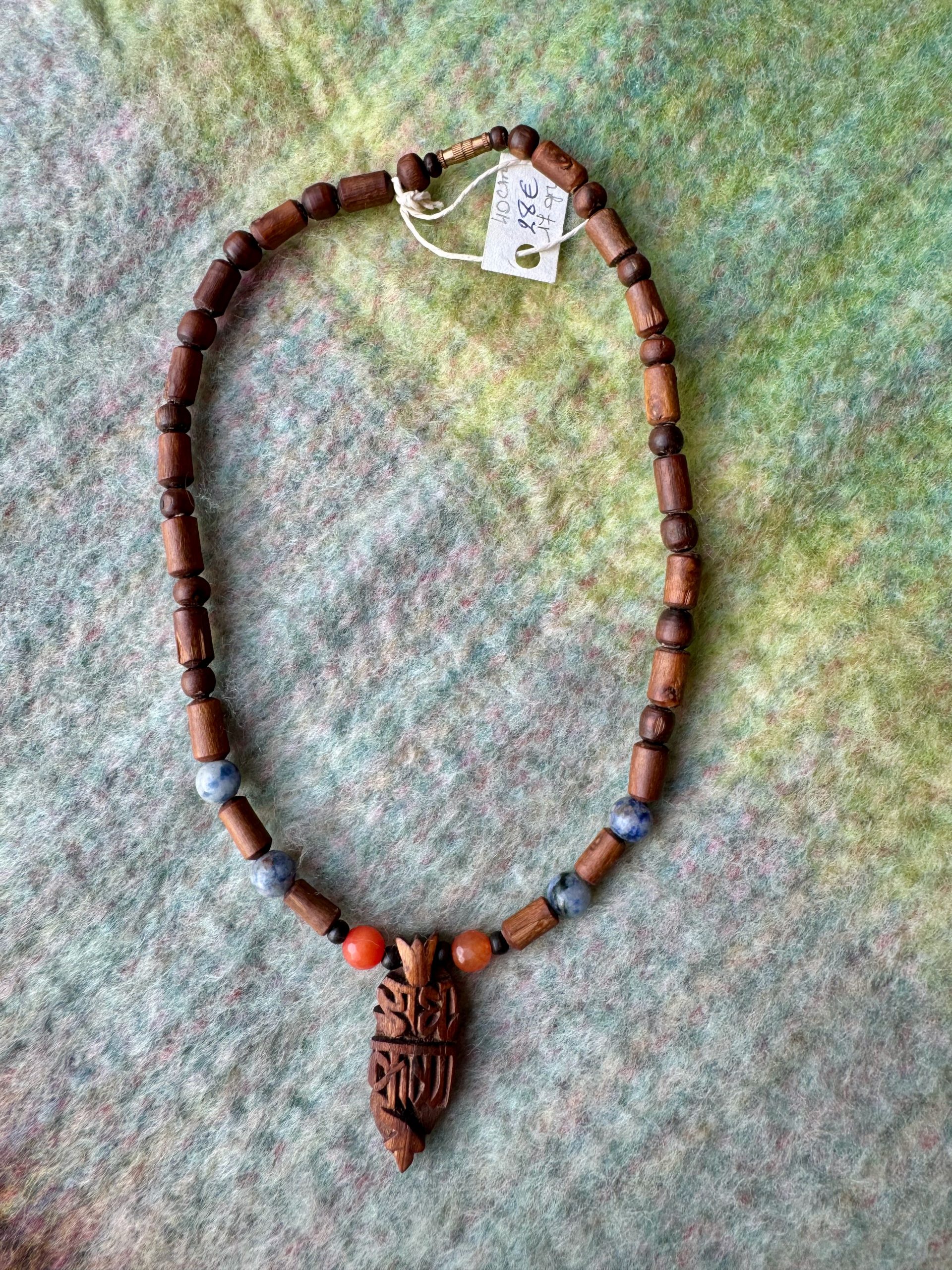 Radha & Krishna Sanskrit Tulsi Pendant with grey & orange beads - Image 3