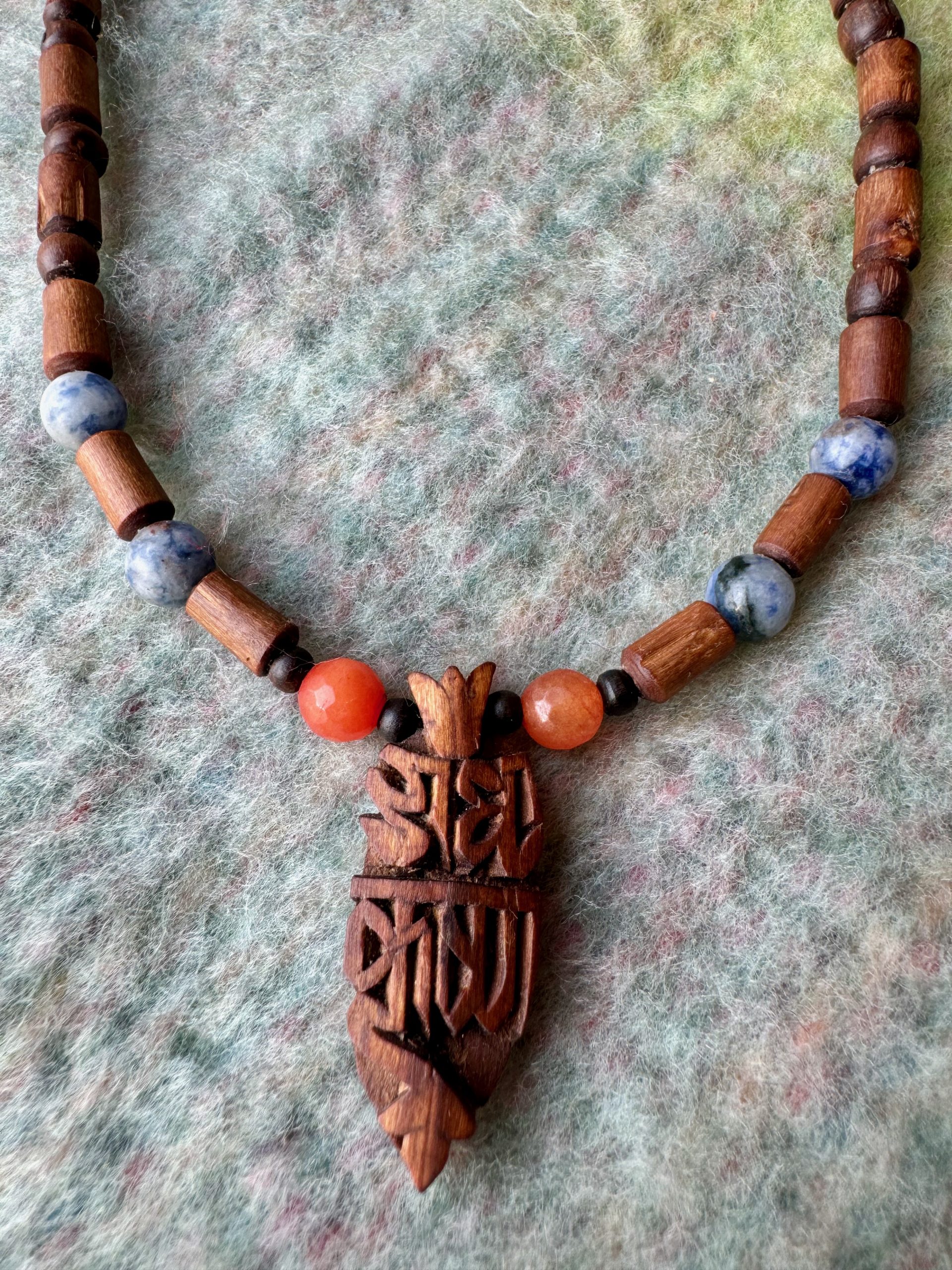 Radha & Krishna Sanskrit Tulsi Pendant with grey & orange beads - Image 2